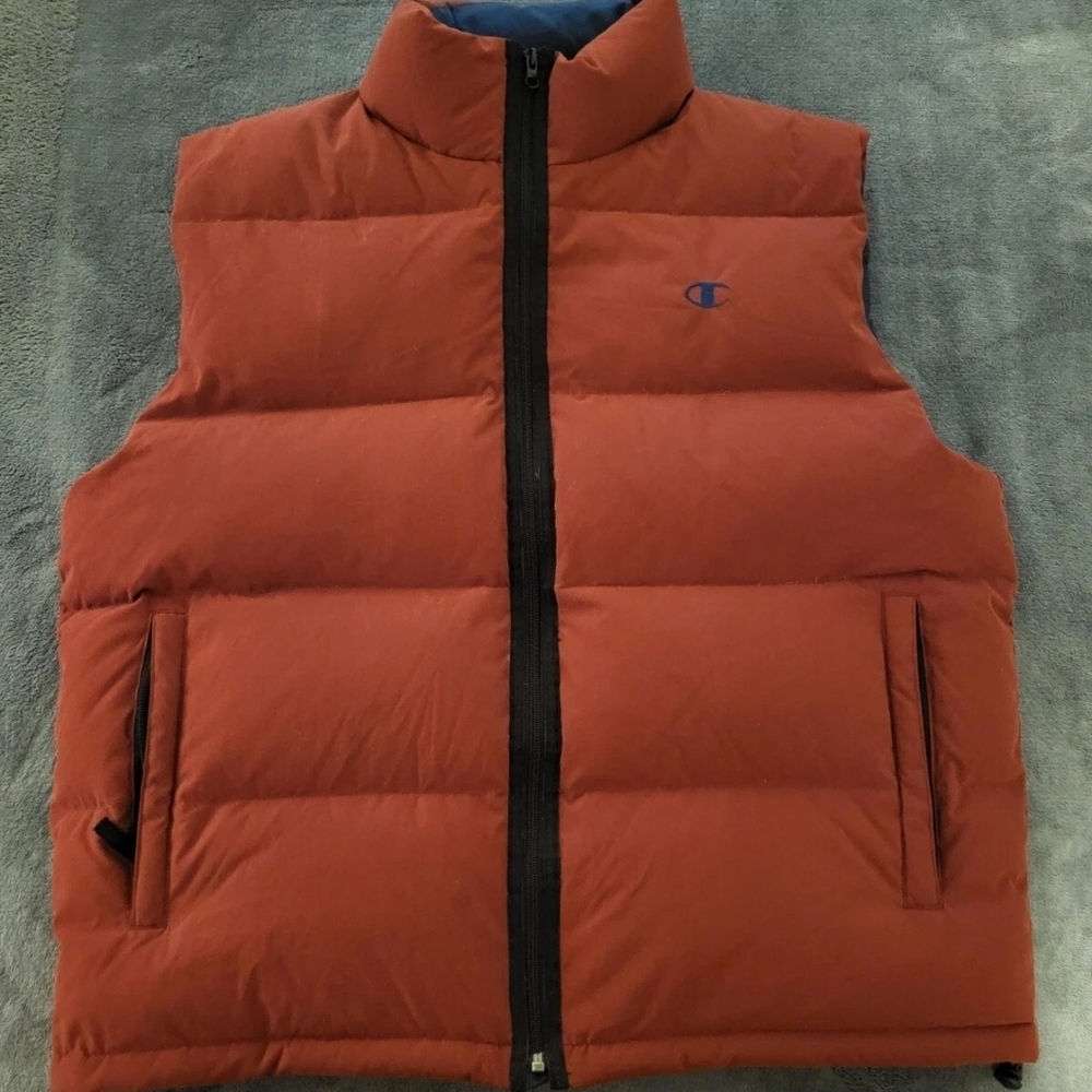 VINTAGE Champion Men Vest XL Red Down Fill Puffer Full Zip Drawstring